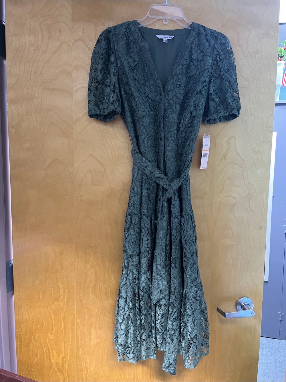 Nannette Lepor Lace V-Neck Midi Dress with Self-Tie Waist — Sage Green